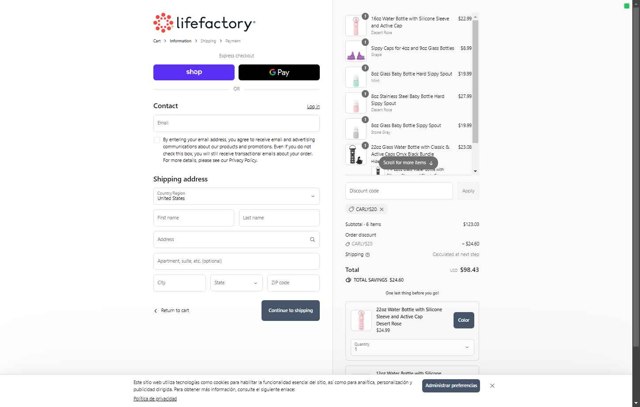 Lifefactory checkout page showing Lifefactory promo code box | Screenshot taken by SimplyCodes community member on Sep 3, 2025