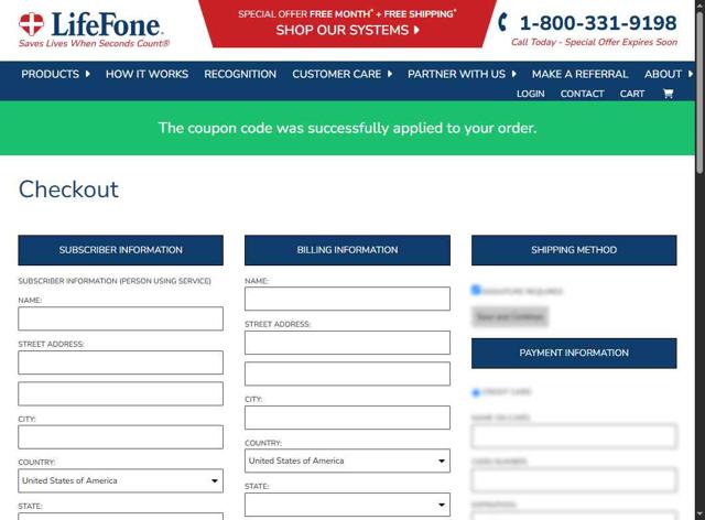 LifeFone checkout page showing LifeFone coupon code box | Screenshot taken by SimplyCodes community member on May 22, 2025