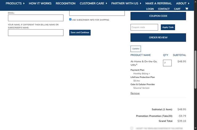 LifeFone checkout page showing LifeFone coupon code box | Screenshot taken by SimplyCodes community member on May 22, 2025