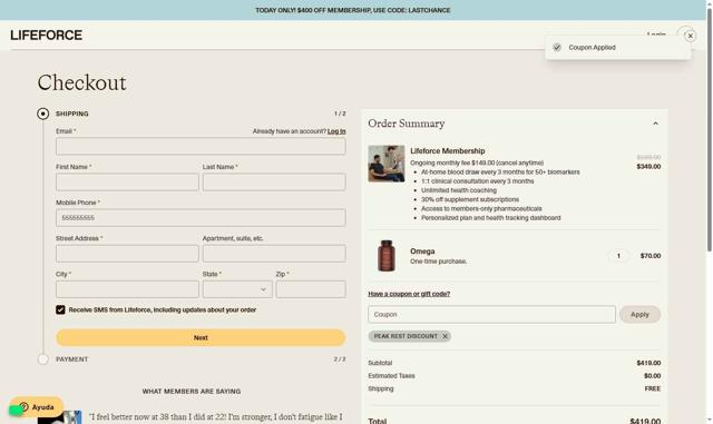 Lifeforce checkout page showing Lifeforce coupon code box | Screenshot taken by SimplyCodes community member on Sep 5, 2025