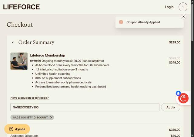 Lifeforce checkout page showing Lifeforce coupon code box | Screenshot taken by SimplyCodes community member on Aug 16, 2025