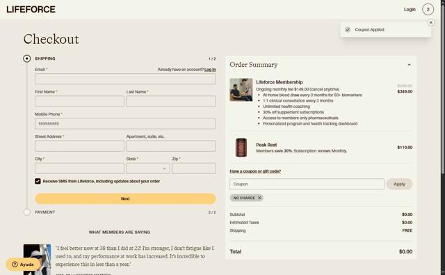 Lifeforce checkout page showing Lifeforce coupon code box | Screenshot taken by SimplyCodes community member on Aug 21, 2025