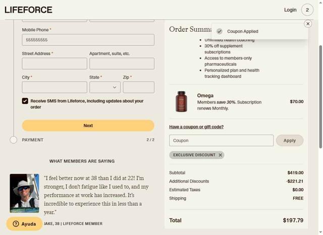 Lifeforce checkout page showing Lifeforce coupon code box | Screenshot taken by SimplyCodes community member on Sep 6, 2025