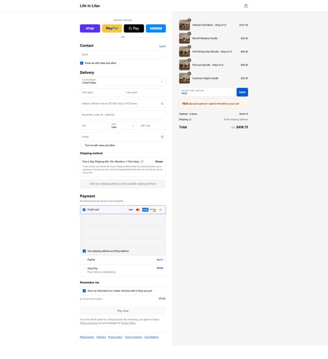 Life In Lilac checkout page showing Life In Lilac coupon code box | Screenshot taken by SimplyCodes community member on Sep 5, 2025