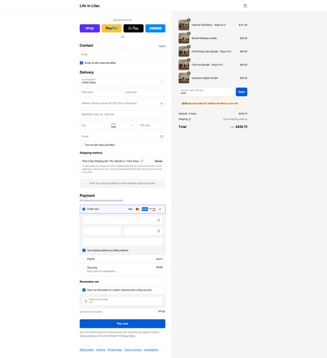 Life In Lilac checkout page showing Life In Lilac coupon code box | Screenshot taken by SimplyCodes community member on Sep 5, 2025