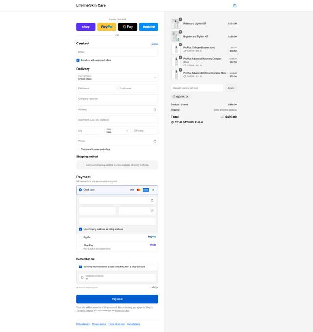 Lifeline Skin Care checkout page showing Lifeline Skin Care promo code box | Screenshot taken by SimplyCodes community member on Sep 13, 2025