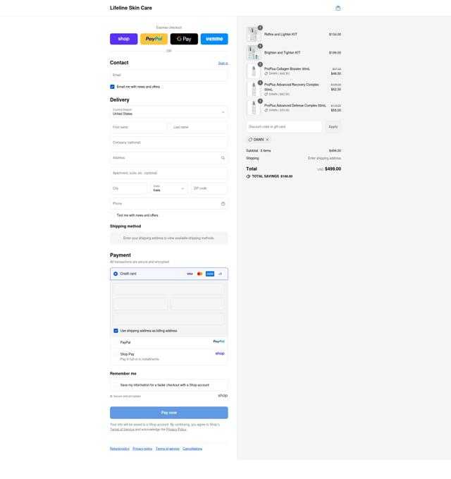 Lifeline Skin Care checkout page showing Lifeline Skin Care promo code box | Screenshot taken by SimplyCodes community member on Sep 13, 2025