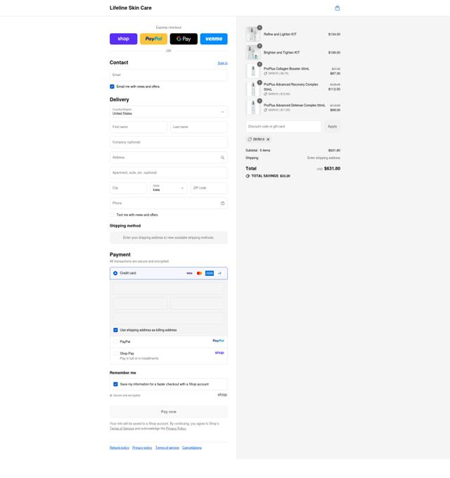Lifeline Skin Care checkout page showing Lifeline Skin Care promo code box | Screenshot taken by SimplyCodes community member on Sep 13, 2025