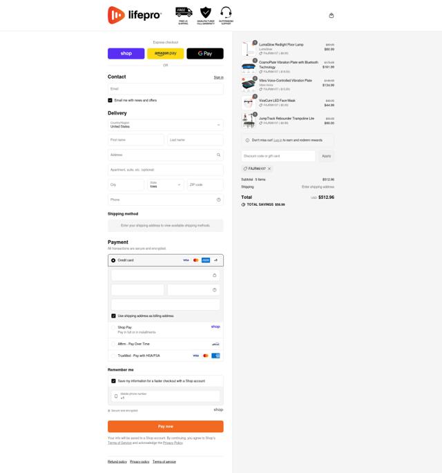 Lifepro checkout page showing Lifepro discount code box | Screenshot taken by SimplyCodes community member on Sep 11, 2025
