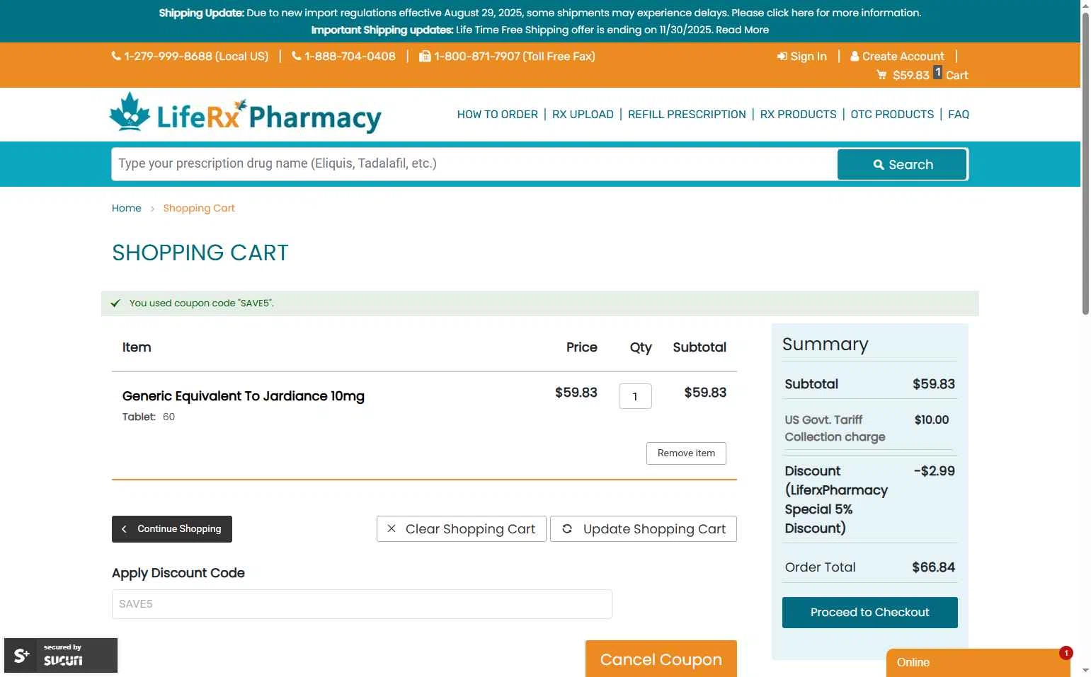LifeRx Pharmacy checkout page showing LifeRx Pharmacy discount code box | Screenshot taken by SimplyCodes community member on Oct 24, 2025