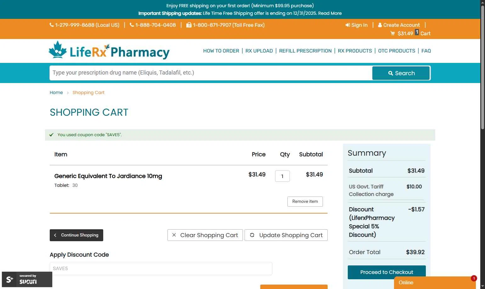 LifeRx Pharmacy checkout page showing LifeRx Pharmacy discount code box | Screenshot taken by SimplyCodes community member on Dec 1, 2025
