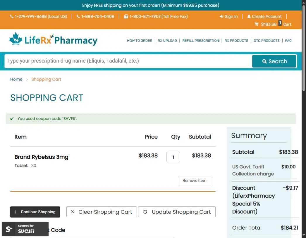 LifeRx Pharmacy checkout page showing LifeRx Pharmacy discount code box | Screenshot taken by SimplyCodes community member on Jan 28, 2026