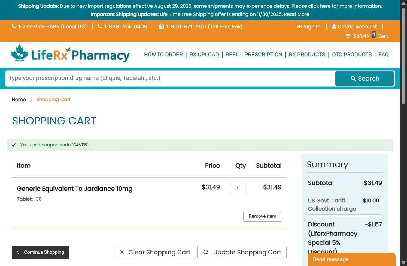 LifeRx Pharmacy checkout page showing LifeRx Pharmacy discount code box | Screenshot taken by SimplyCodes community member on Oct 25, 2025