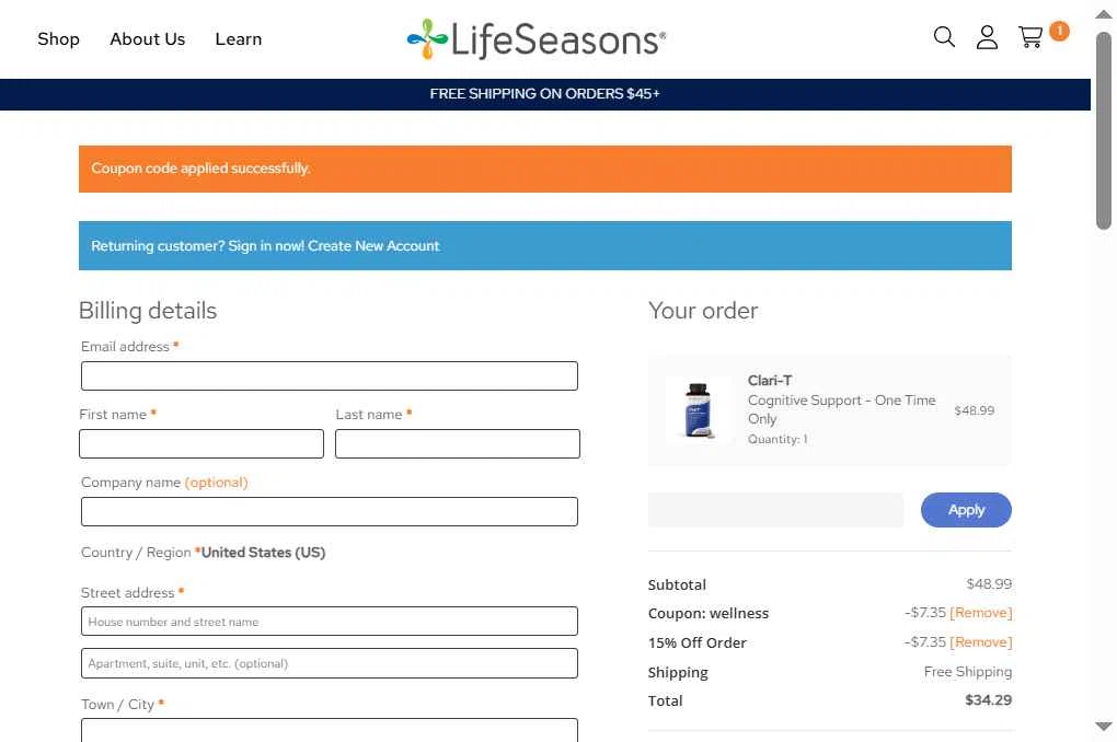 LifeSeasons checkout page showing LifeSeasons promo code box | Screenshot taken by SimplyCodes community member on Jan 23, 2026