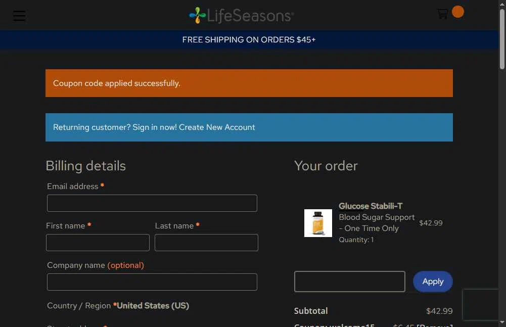 LifeSeasons checkout page showing LifeSeasons promo code box | Screenshot taken by SimplyCodes community member on Jan 29, 2026