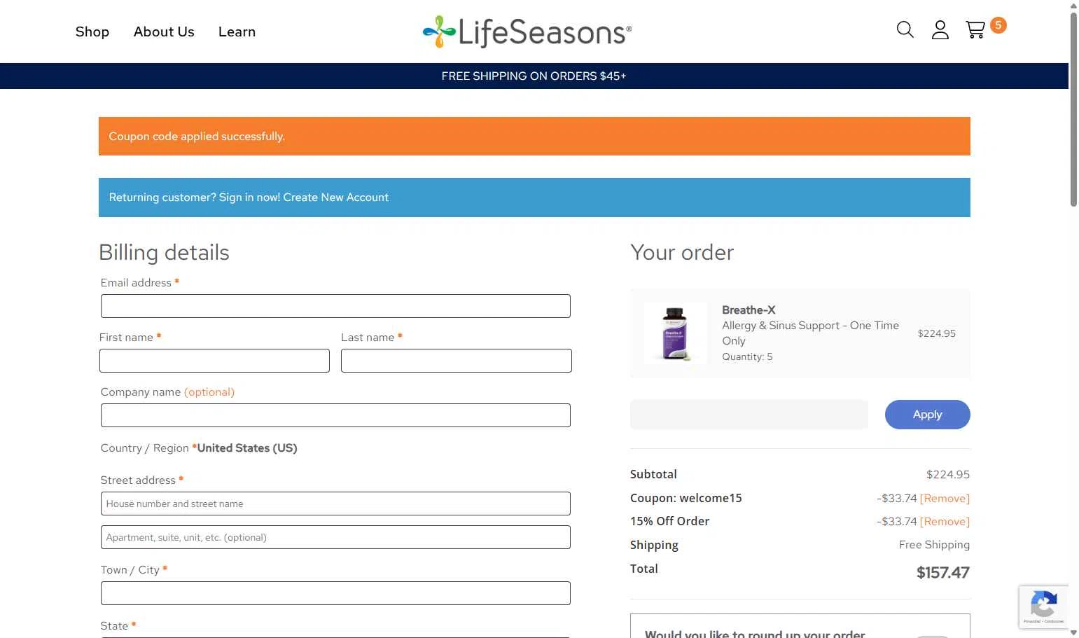 LifeSeasons checkout page showing LifeSeasons promo code box | Screenshot taken by SimplyCodes community member on Dec 31, 2025