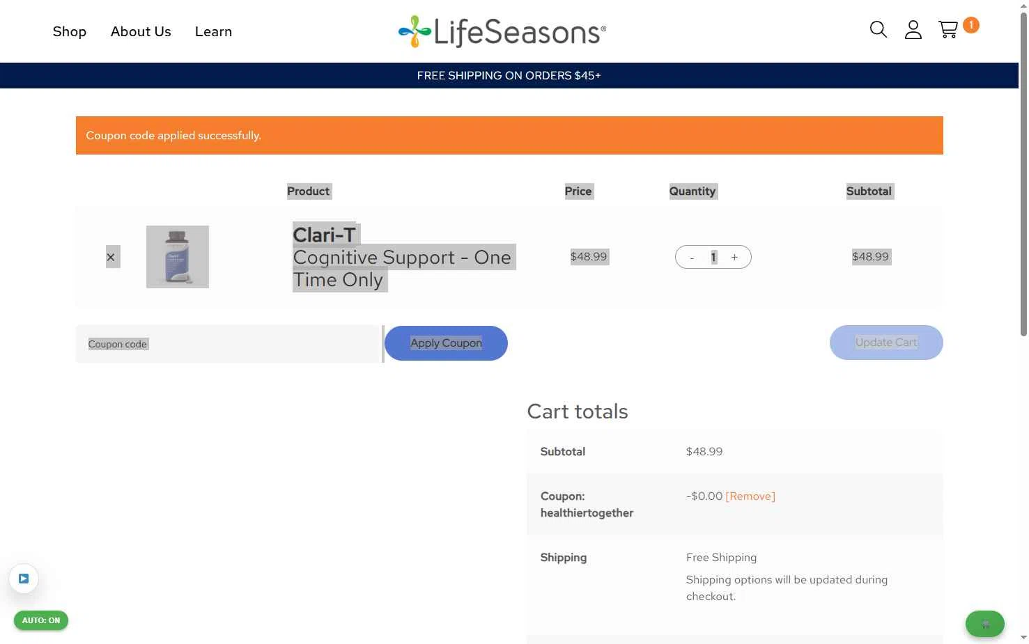 LifeSeasons checkout page showing LifeSeasons promo code box | Screenshot taken by SimplyCodes community member on Jan 14, 2026