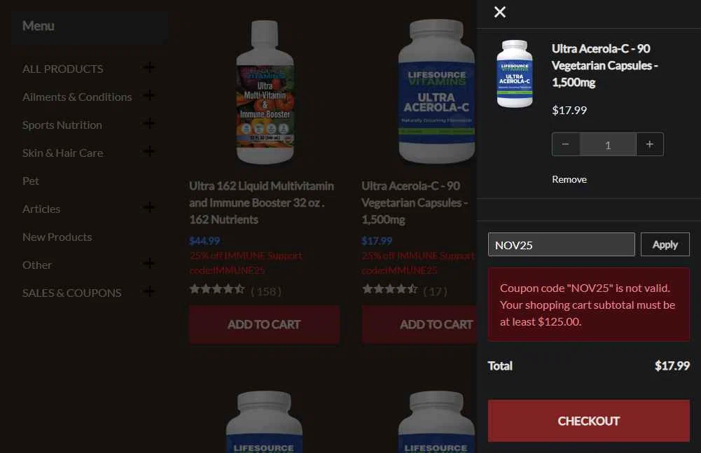 LifeSource Vitamins checkout page showing LifeSource Vitamins coupon code box | Screenshot taken by SimplyCodes community member on Dec 15, 2025