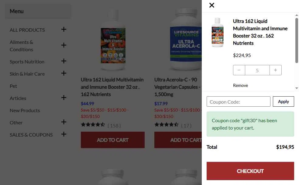 LifeSource Vitamins checkout page showing LifeSource Vitamins coupon code box | Screenshot taken by SimplyCodes community member on Dec 17, 2025