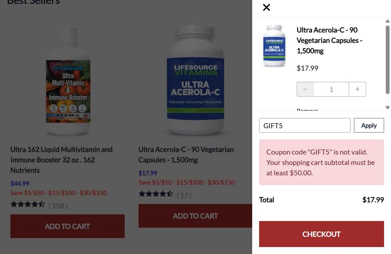LifeSource Vitamins checkout page showing LifeSource Vitamins coupon code box | Screenshot taken by SimplyCodes community member on Dec 17, 2025