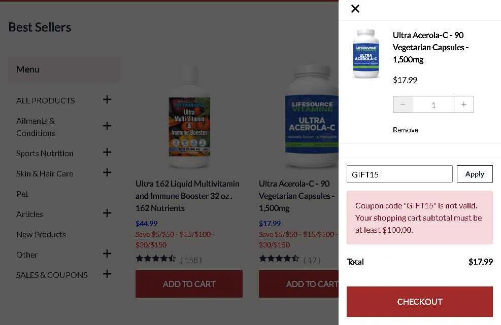 LifeSource Vitamins checkout page showing LifeSource Vitamins coupon code box | Screenshot taken by SimplyCodes community member on Dec 17, 2025