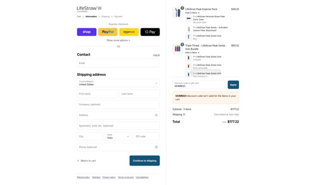 LifeStraw checkout page showing LifeStraw discount code box | Screenshot taken by SimplyCodes community member on Aug 30, 2025