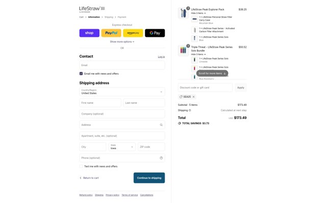 LifeStraw checkout page showing LifeStraw discount code box | Screenshot taken by SimplyCodes community member on Sep 4, 2025