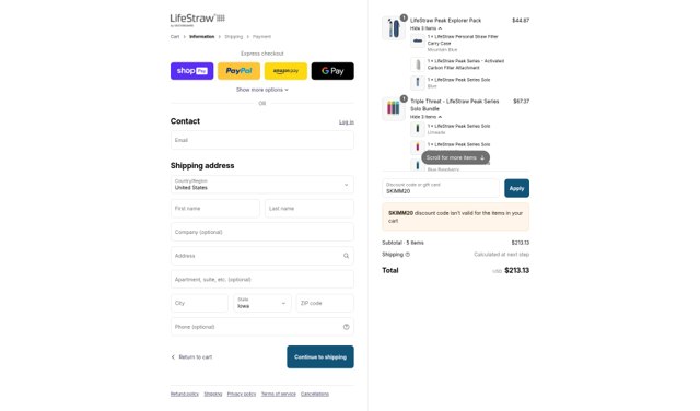 LifeStraw checkout page showing LifeStraw discount code box | Screenshot taken by SimplyCodes community member on Aug 22, 2025
