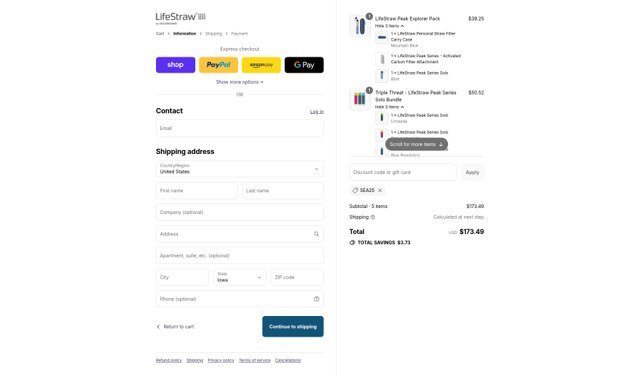 LifeStraw checkout page showing LifeStraw discount code box | Screenshot taken by SimplyCodes community member on Aug 30, 2025