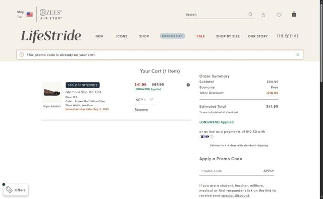 LifeStride checkout page showing LifeStride promo code box | Screenshot taken by SimplyCodes community member on Aug 27, 2025