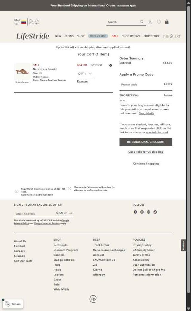 LifeStride checkout page showing LifeStride promo code box | Screenshot taken by SimplyCodes community member on Aug 3, 2025