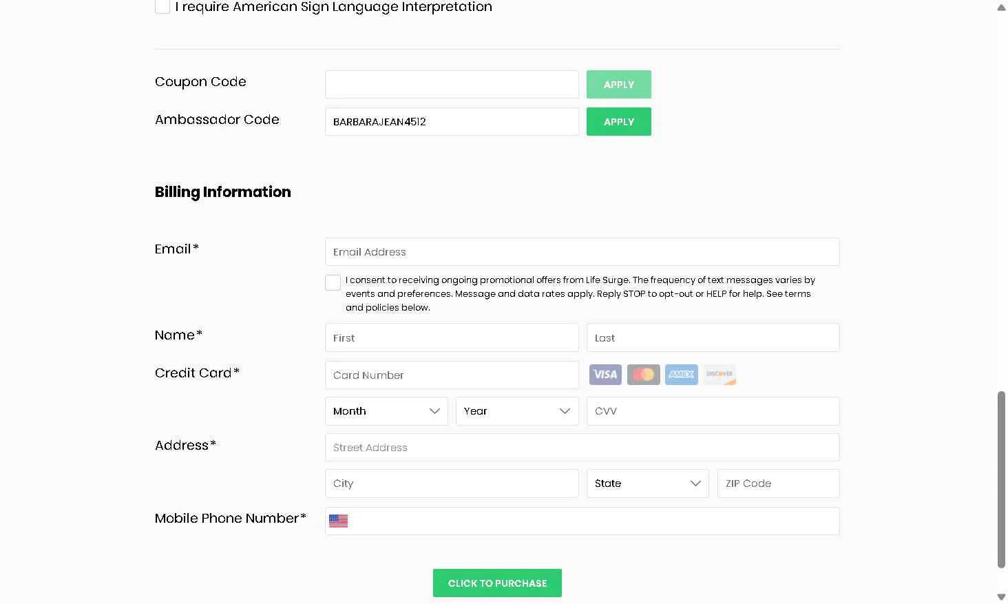 LIFE SURGE checkout page showing LIFE SURGE discount code box | Screenshot taken by SimplyCodes community member on Dec 31, 2025