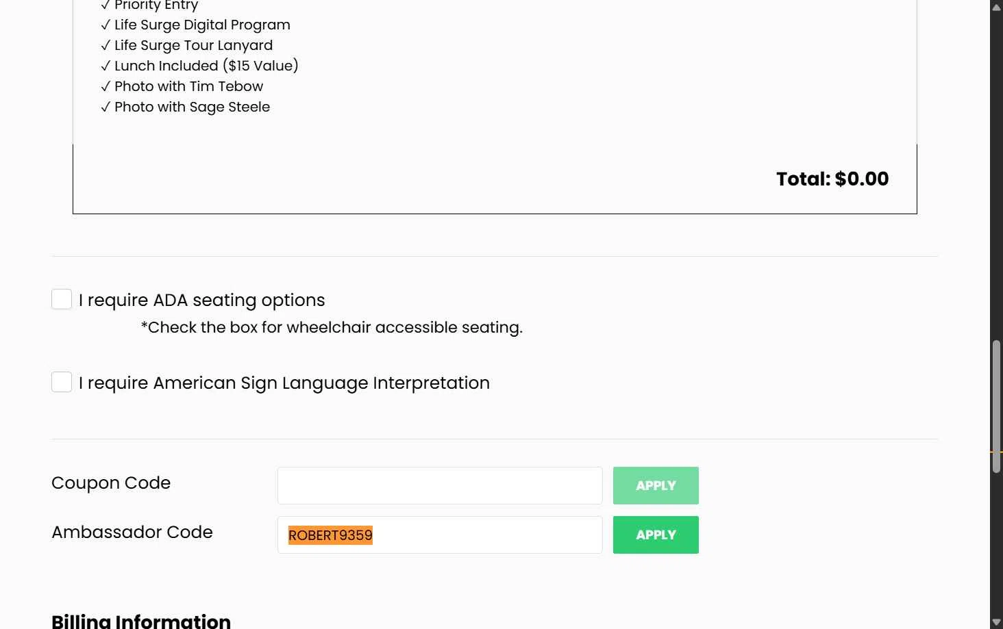 LIFE SURGE checkout page showing LIFE SURGE discount code box | Screenshot taken by SimplyCodes community member on Feb 5, 2026