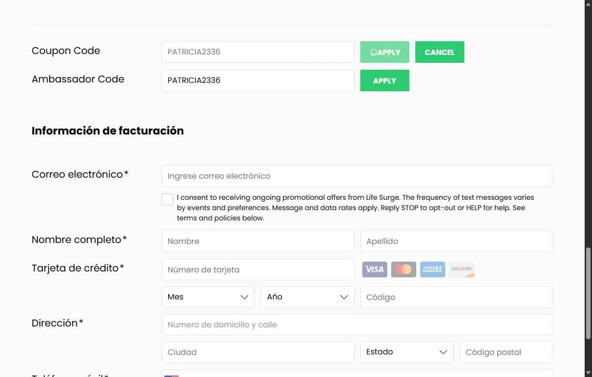 LIFE SURGE checkout page showing LIFE SURGE discount code box | Screenshot taken by SimplyCodes community member on Dec 31, 2025