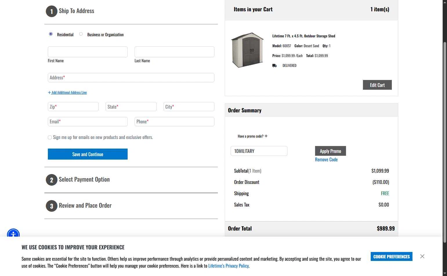 Lifetime Products checkout page showing Lifetime Products coupon code box | Screenshot taken by SimplyCodes community member on Jan 15, 2026
