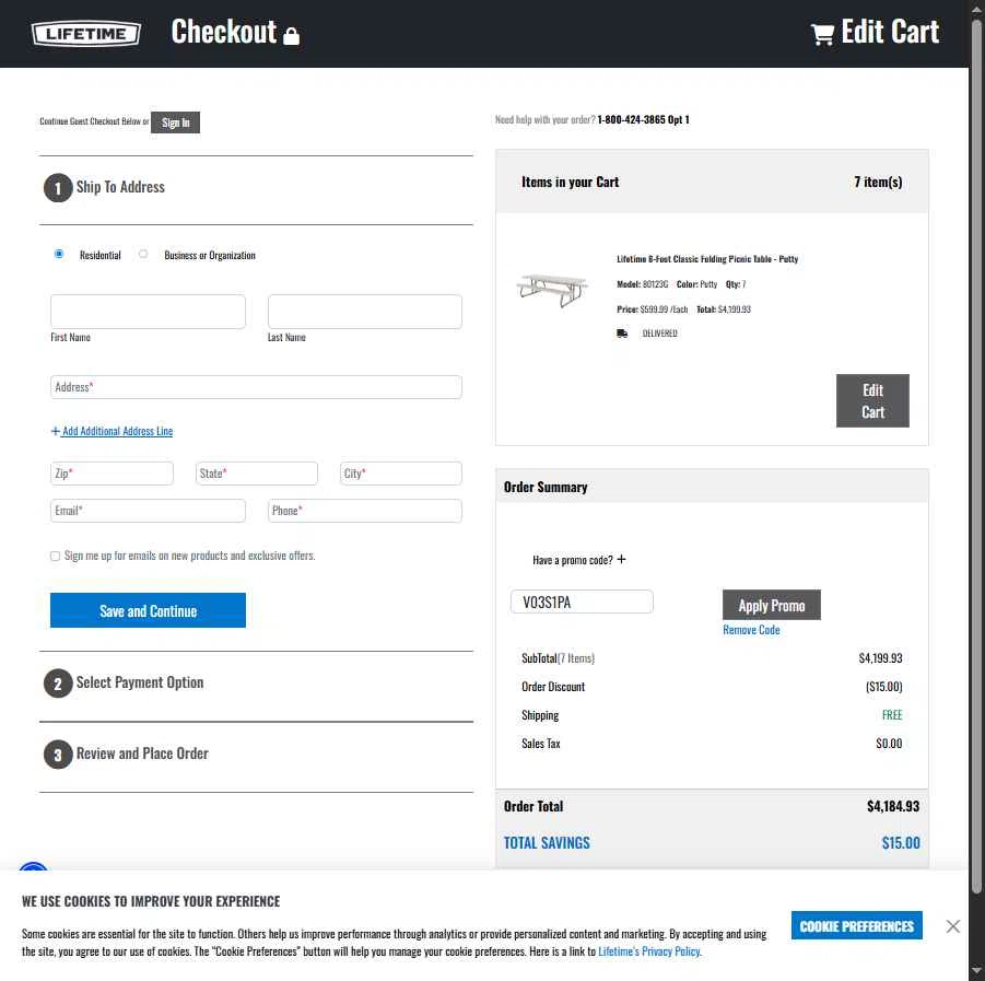 Lifetime Products checkout page showing Lifetime Products coupon code box | Screenshot taken by SimplyCodes community member on Nov 10, 2025