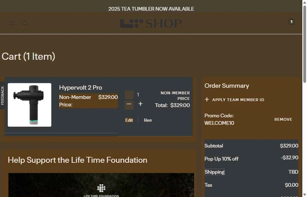 Life Time checkout page showing Life Time promo code box | Screenshot taken by SimplyCodes community member on May 6, 2025