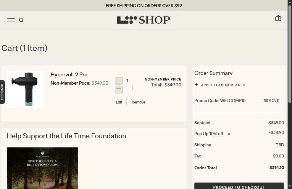 Life Time checkout page showing Life Time promo code box | Screenshot taken by SimplyCodes community member on Jul 11, 2025