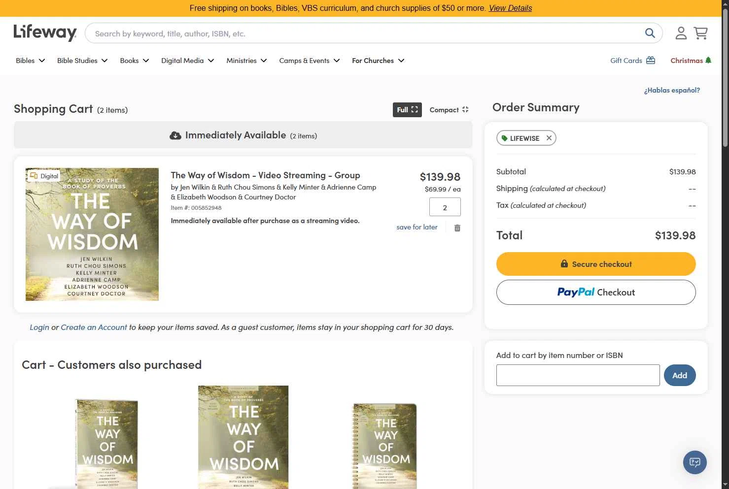 Lifeway Christian Resources checkout page showing Lifeway Christian Resources promo code box | Screenshot taken by SimplyCodes community member on Nov 16, 2025