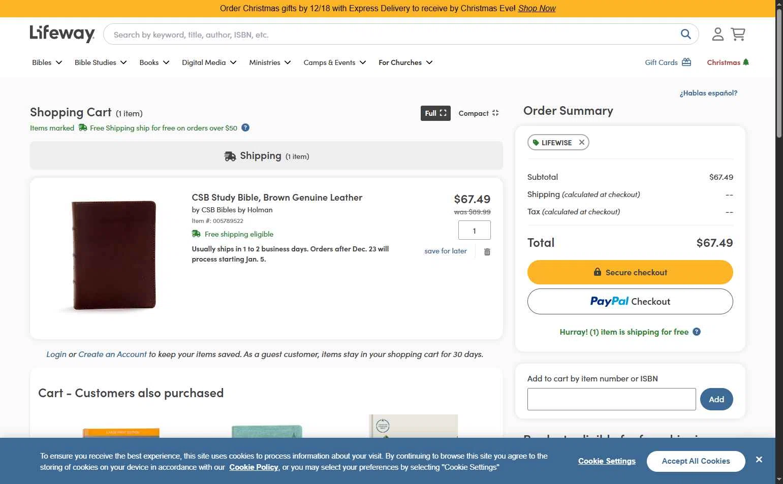 Lifeway Christian Resources checkout page showing Lifeway Christian Resources promo code box | Screenshot taken by SimplyCodes community member on Dec 15, 2025