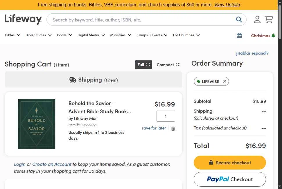 Lifeway Christian Resources checkout page showing Lifeway Christian Resources promo code box | Screenshot taken by SimplyCodes community member on Nov 16, 2025