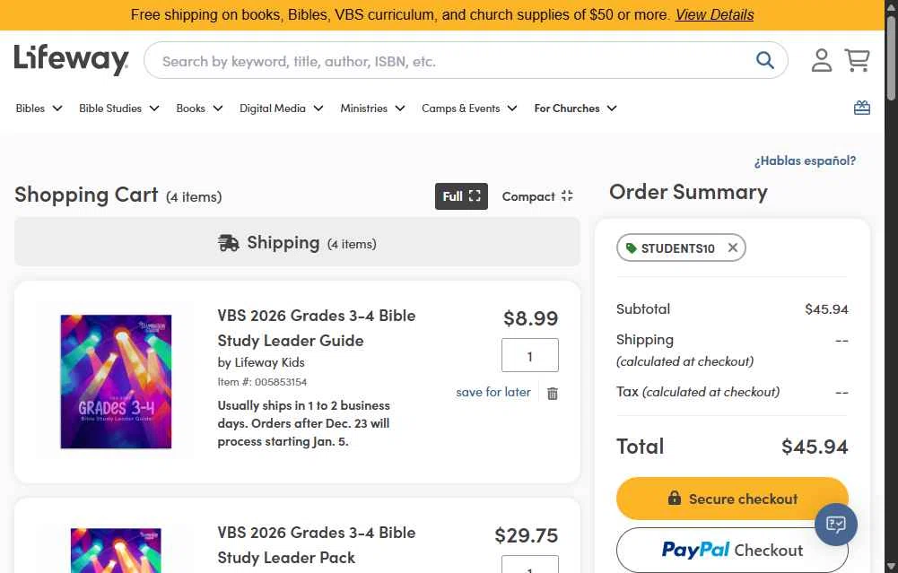 Lifeway Christian Resources checkout page showing Lifeway Christian Resources promo code box | Screenshot taken by SimplyCodes community member on Dec 31, 2025