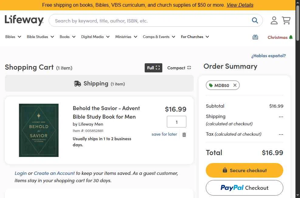 Lifeway Christian Resources checkout page showing Lifeway Christian Resources promo code box | Screenshot taken by SimplyCodes community member on Nov 16, 2025