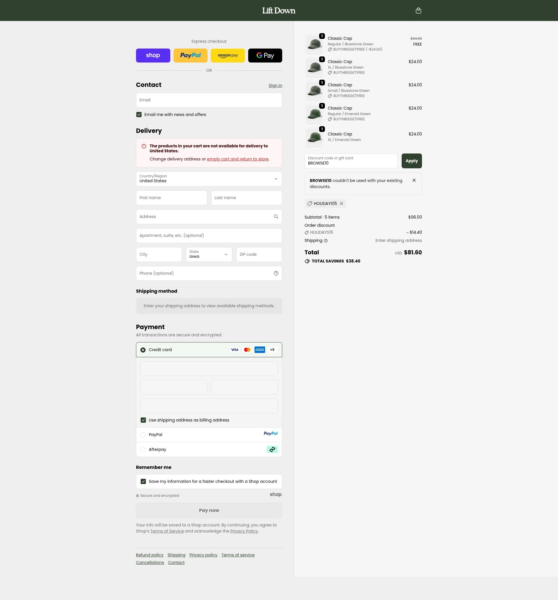 Lift Down checkout page showing Lift Down discount code box | Screenshot taken by SimplyCodes community member on Oct 6, 2025