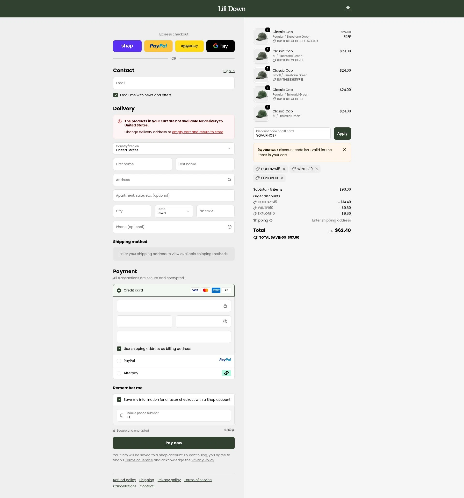 Lift Down checkout page showing Lift Down discount code box | Screenshot taken by SimplyCodes community member on Oct 6, 2025