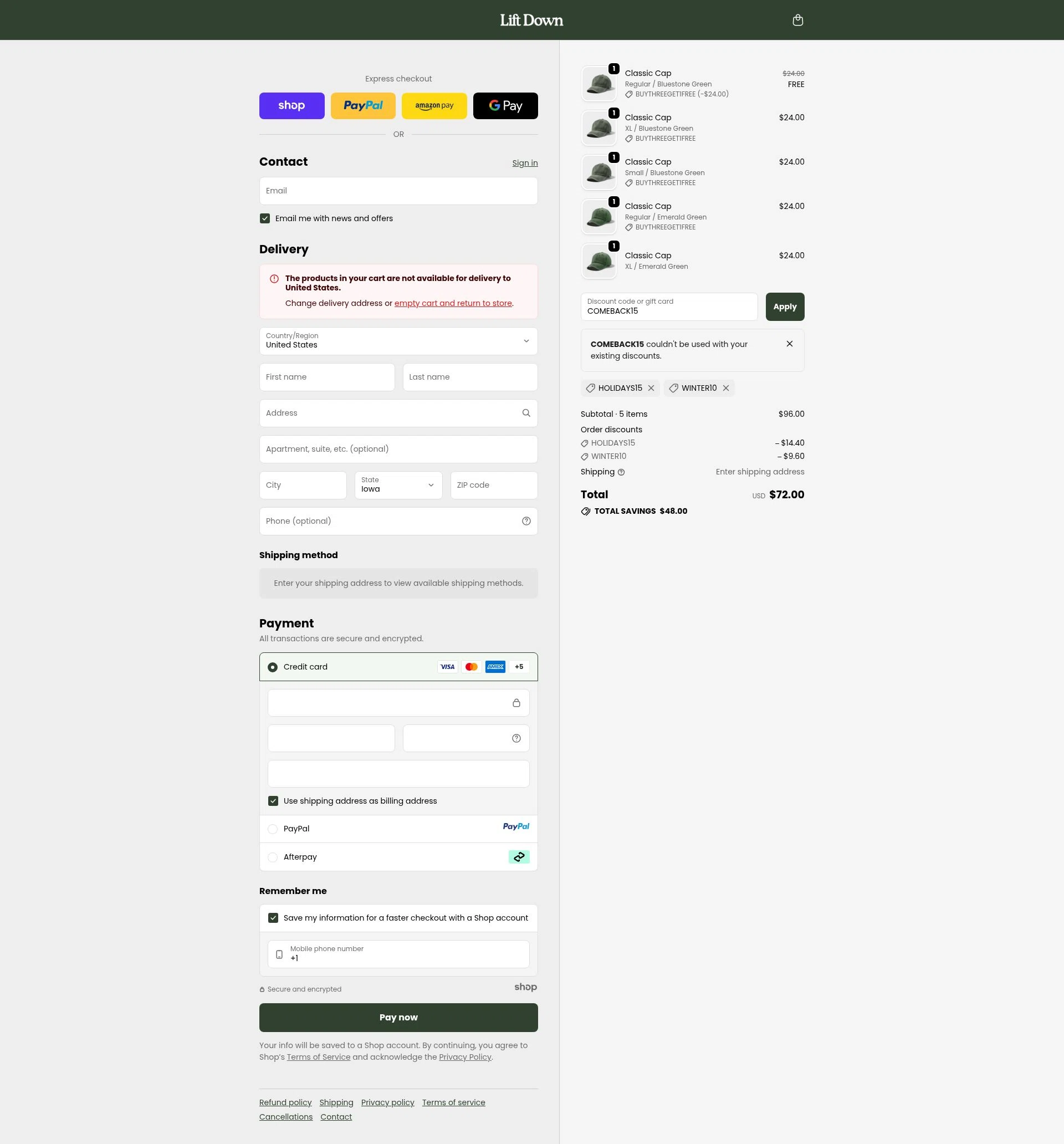 Lift Down checkout page showing Lift Down discount code box | Screenshot taken by SimplyCodes community member on Oct 6, 2025