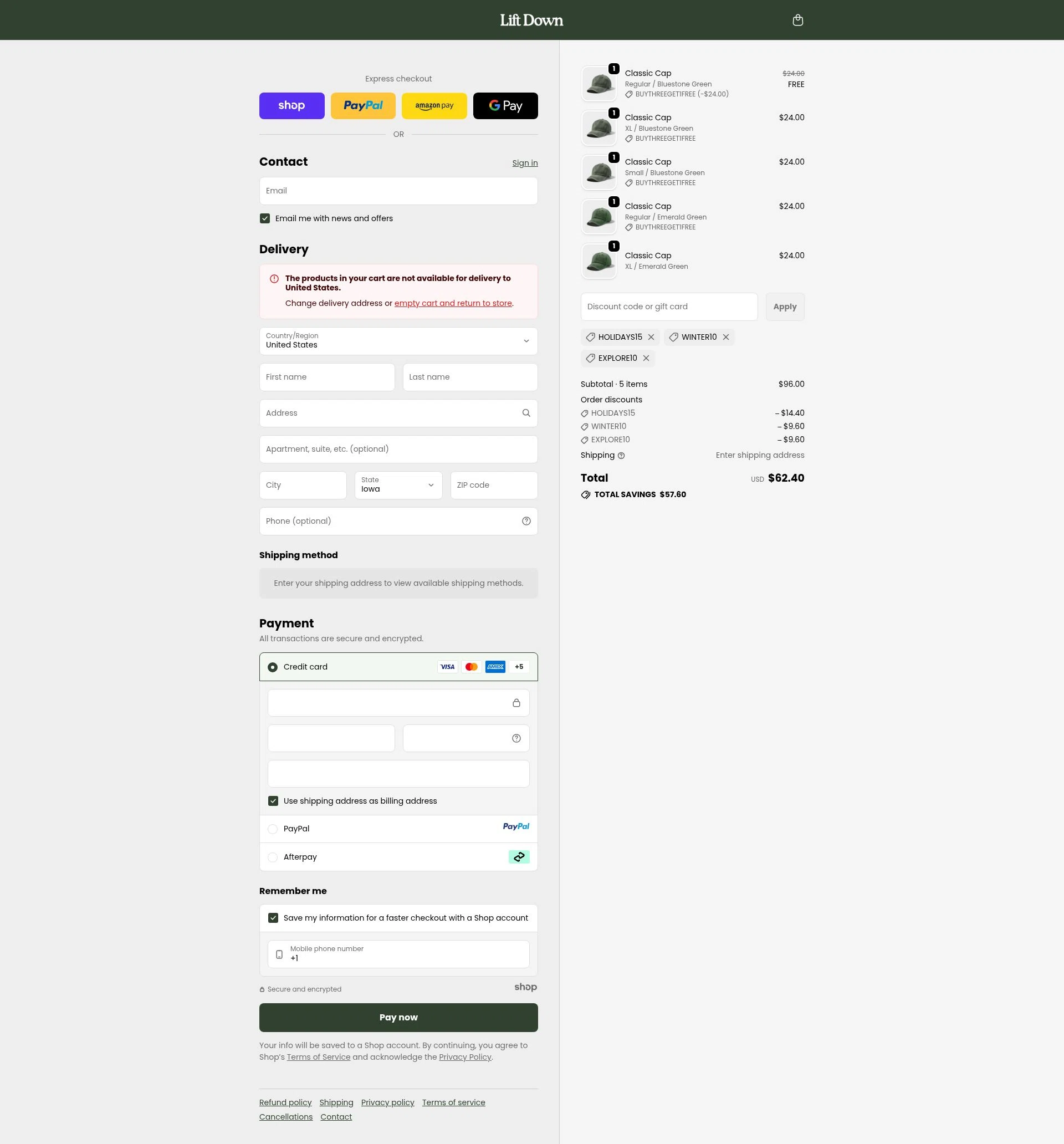 Lift Down checkout page showing Lift Down discount code box | Screenshot taken by SimplyCodes community member on Oct 6, 2025