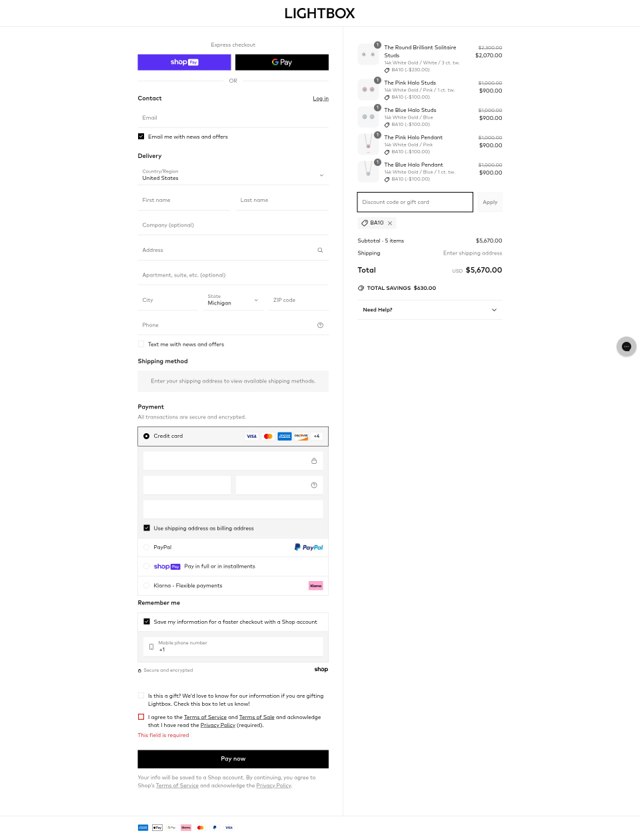 Lightbox Jewelry checkout page showing Lightbox Jewelry coupon code box | Screenshot taken by SimplyCodes community member on Jun 20, 2025