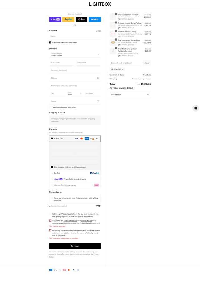Lightbox Jewelry checkout page showing Lightbox Jewelry coupon code box | Screenshot taken by SimplyCodes community member on Jul 12, 2025