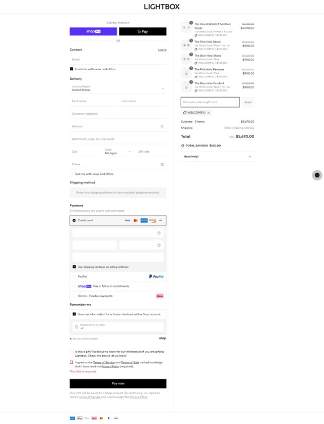Lightbox Jewelry checkout page showing Lightbox Jewelry coupon code box | Screenshot taken by SimplyCodes community member on Jun 20, 2025